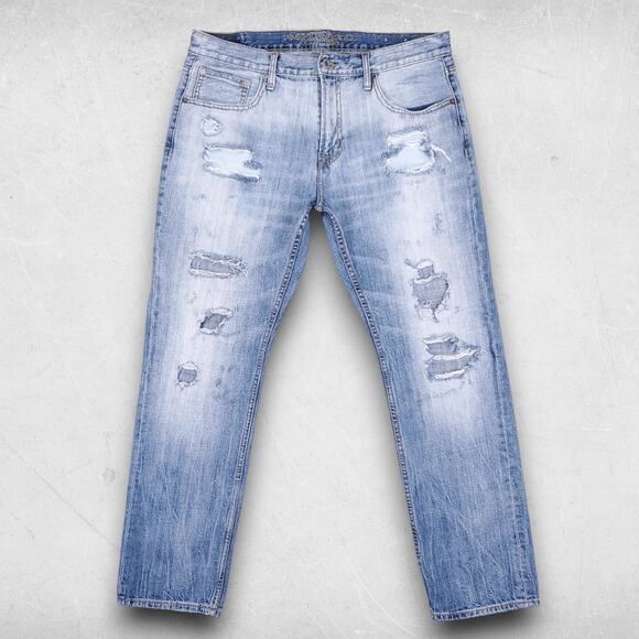 American Eagle Slim Straight Jeans Mens 36x32 Medium Blue Distressed Streetwear - Picture 1 of 14